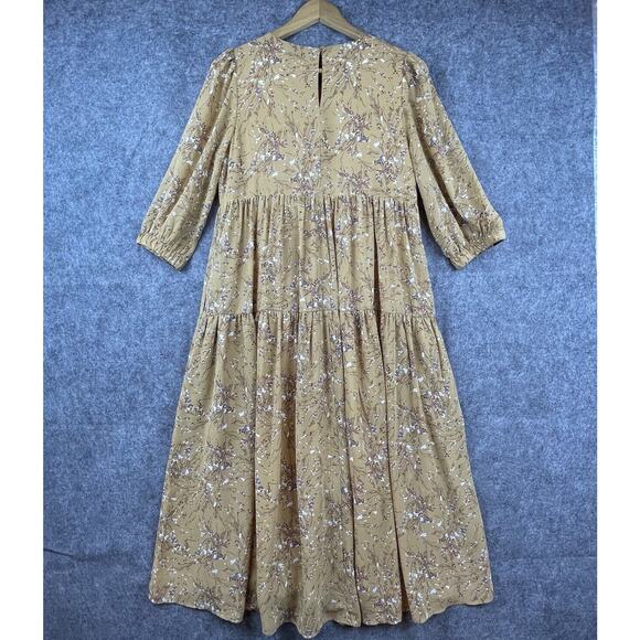 Code X Mode Dress Small Tan Purple Peasant Cottage Farm Tiered Gathered Priairie - Picture 2 of 7